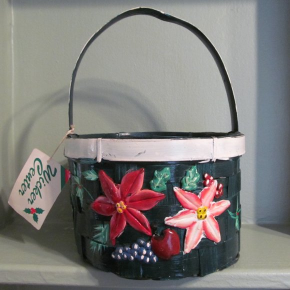 Vintage Wicker Basket w Handle, Poinsettias, Fruit NWT - Picture 2 of 10